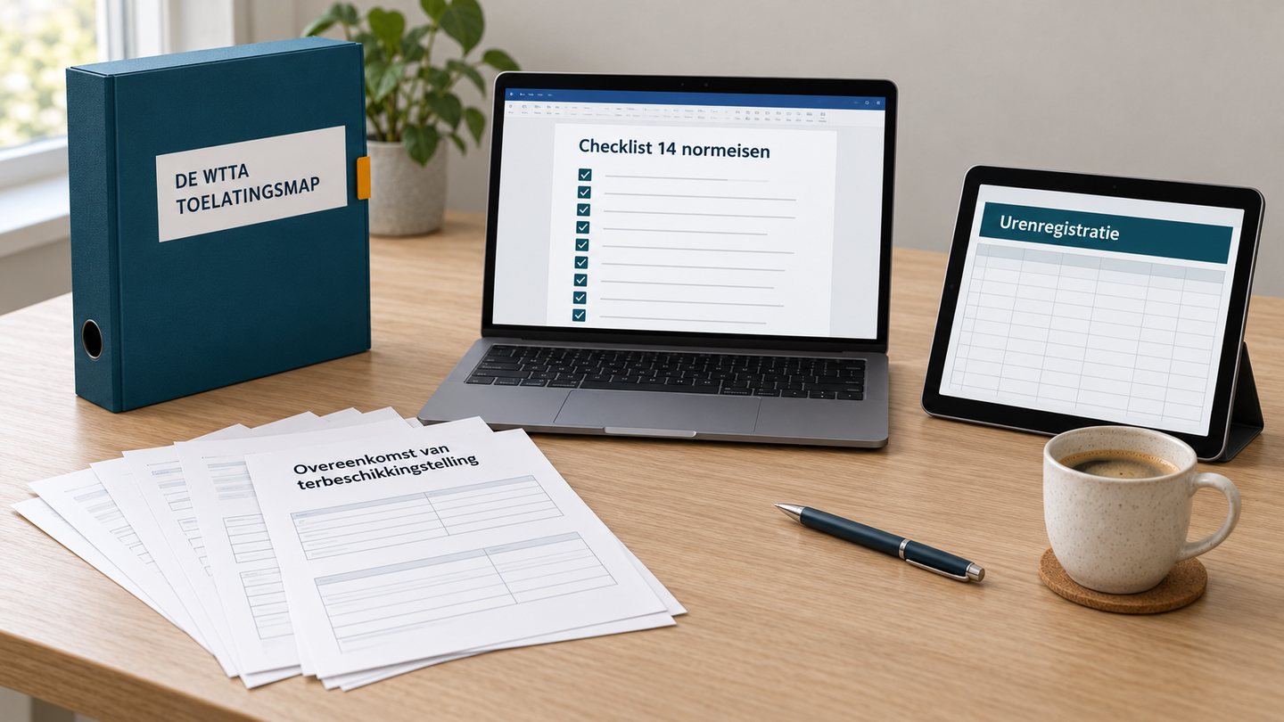 De Wtta Toelatingsmap: documentenmap, formulieren, checklist en urenregistratie op een bureau