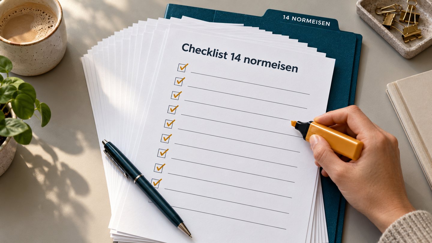Checklist van de 14 normeisen, een pagina per normeis